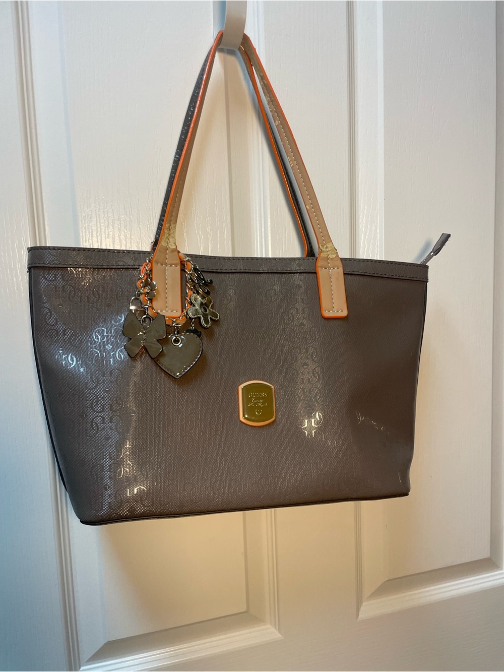 Women's Gray Tote Bag with Charm Accents